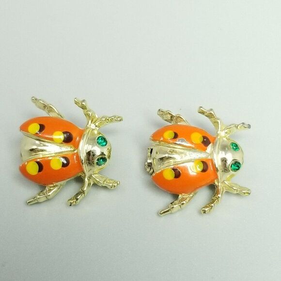 Vintage Orange Enamel Bug Scatter Pins, Retro Brooch Set, Green Eyes, Estate - Picture 6 of 7